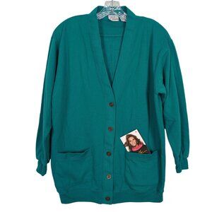 Vintage Elle Macpherson Teal Cardigan Sweater M With Button Front and Pockets